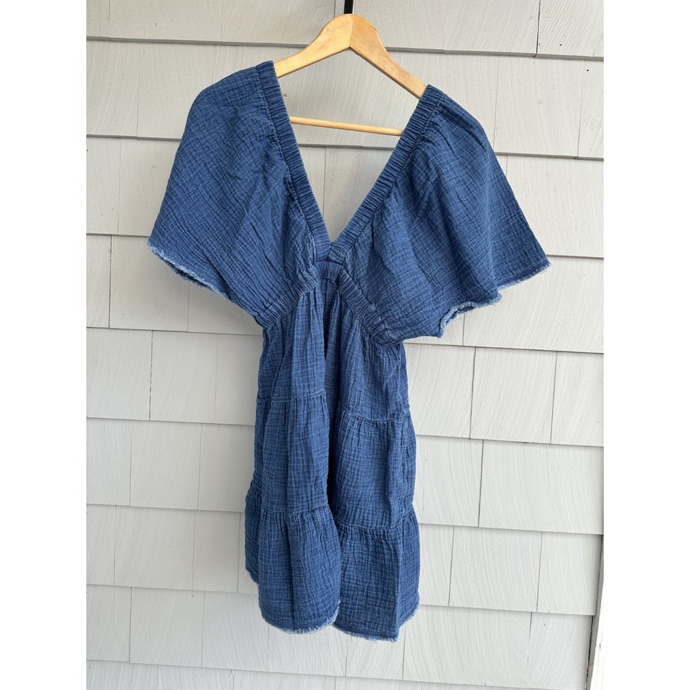 Aerie Blue Pool to Party Gauze Tiered Mini Dress Flutter Sleeve V Neck XS